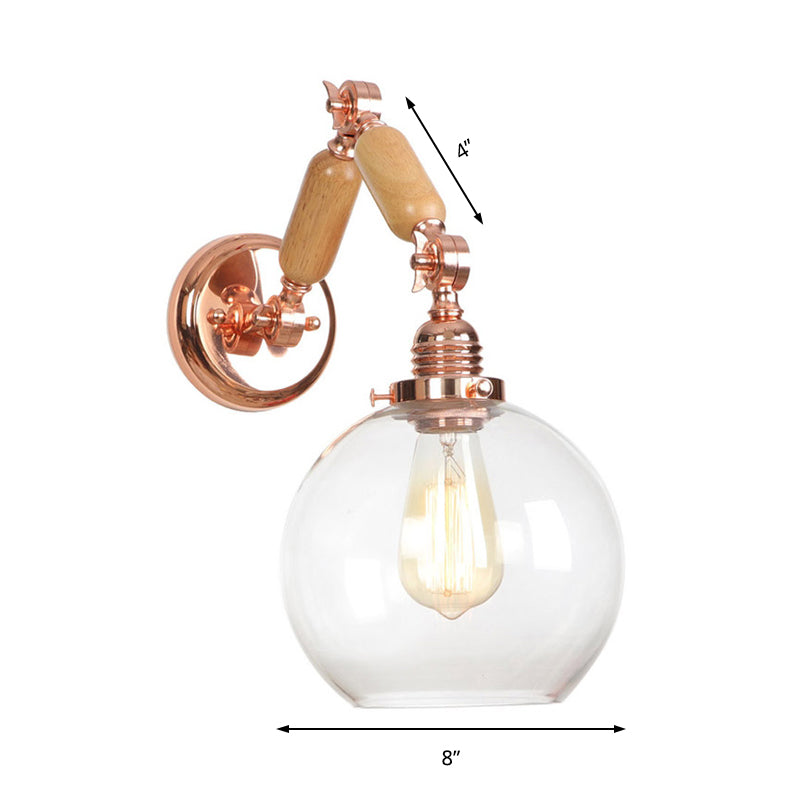 BowLift | 1 Bulb Globe Wall Mounted Light Fixture Rustic Rose Gold Clear Glass Lighting with Retractable Arm