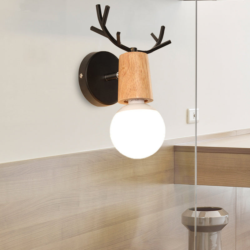 BowLift | 1 Light Bare Bulb Wall Lamp Modern Style Black/White Finish Metal and Wood Wall Lighting with Deer Side