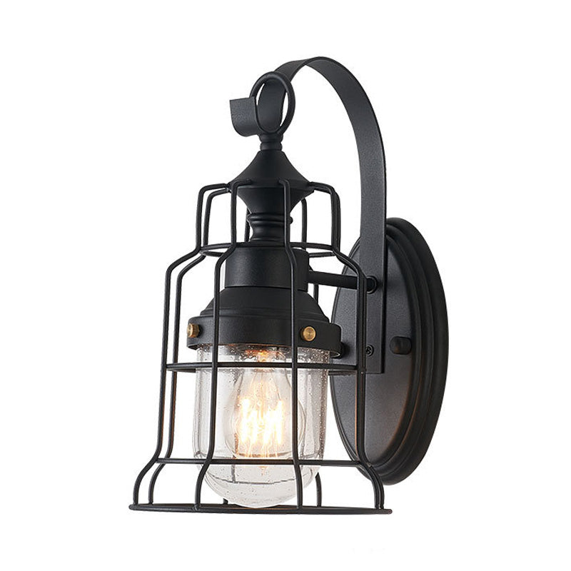 BowLift | 1 Light Bell Shade Wall Lamp Industrial Black Glass Wall Lamp for Corridor with Metal Cage Frame