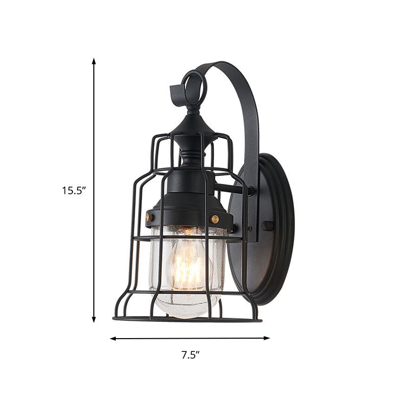 BowLift | 1 Light Bell Shade Wall Lamp Industrial Black Glass Wall Lamp for Corridor with Metal Cage Frame