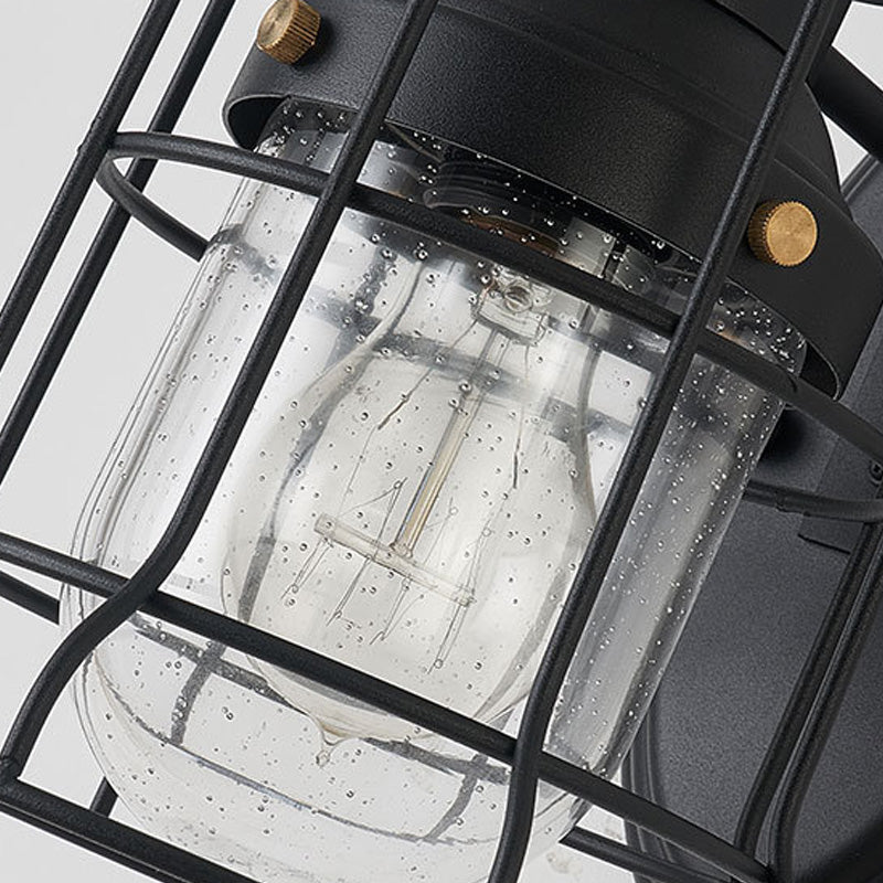 BowLift | 1 Light Bell Shade Wall Lamp Industrial Black Glass Wall Lamp for Corridor with Metal Cage Frame