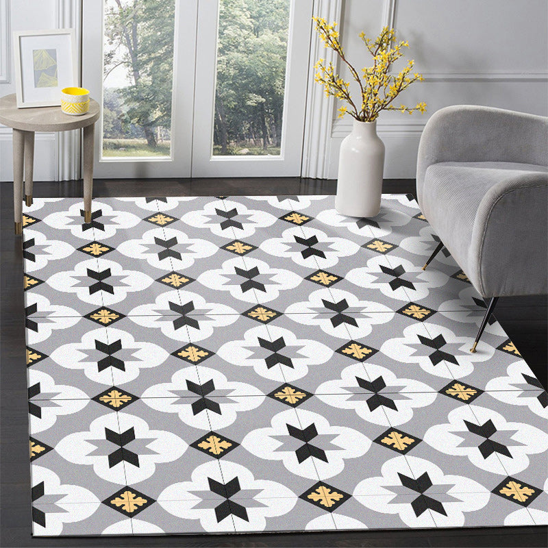 BowLift | Gray Moroccan Rug Polyester Flower Diamond Print Rug Non-Slip Flooring for Home Decor