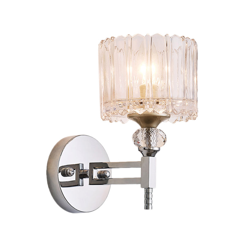 BowLift | 1 Bulb Cylindrical Wall Light Modernist Style Clear Glass Wall Light Sconce with Crystal Decoration in Chrome Finish