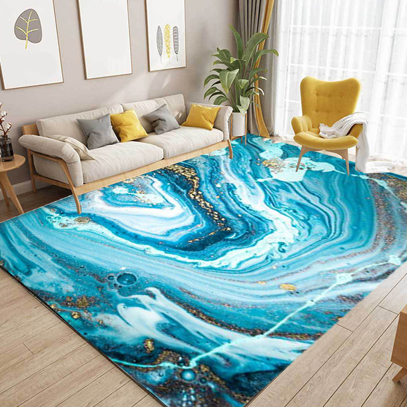 BowLift | Funky Marble Pattern Rug Blue Modern Rug Polyester Washable Non-Slip Back Area Rug for Bedroom