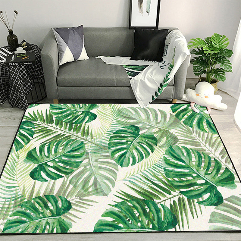 BowLift | Funky Botanical Pattern Rug with Leaf Green Tropical Rug Polyester Washable Non-Slip Background Rug for Living Room