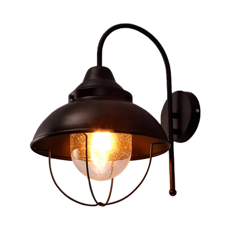 BowLift | Farmhouse Dome Wall Lamp 1 Light Metal Wall Lighting with Cage and Sawed Glass Shade in Black