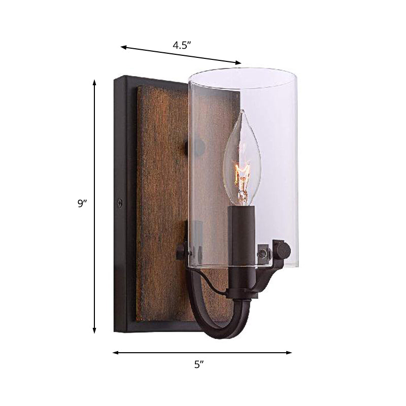 BowLift | 1 Bulb Cylinder Wall Mounted Light Industrial Brown Clear Glass Lighting with Wood Back Plate
