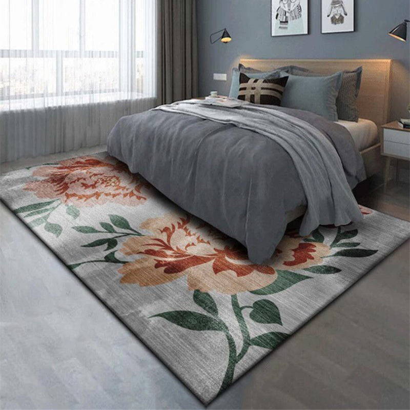 BowLift | Gray and Red Eastern Carpet Polyester Flower and Leaf Pattern Carpet Washable Non-Slip Rug for Bedroom