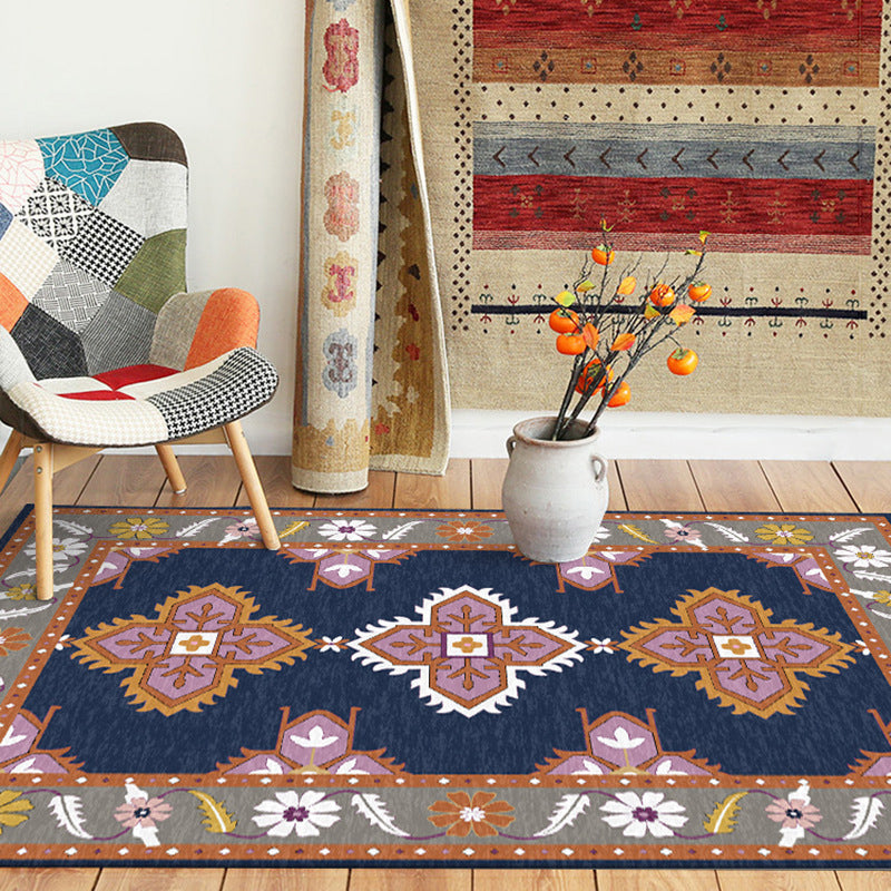 BowLift | Eastern Moroccan rug in blue and gray medallion flower petal pattern rug polyester non-slip rug for home decor