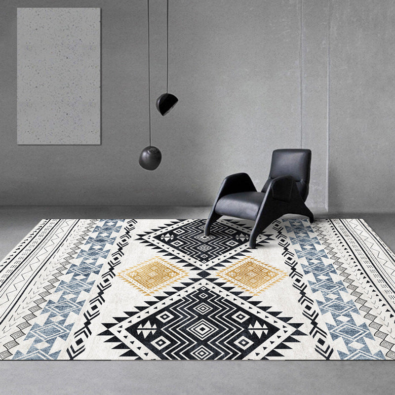 BowLift | Vintage Southwestern Geometric Pattern Carpet White Tribal Carpet Polyester Washable Non-Slip Back Carpet for Living Room