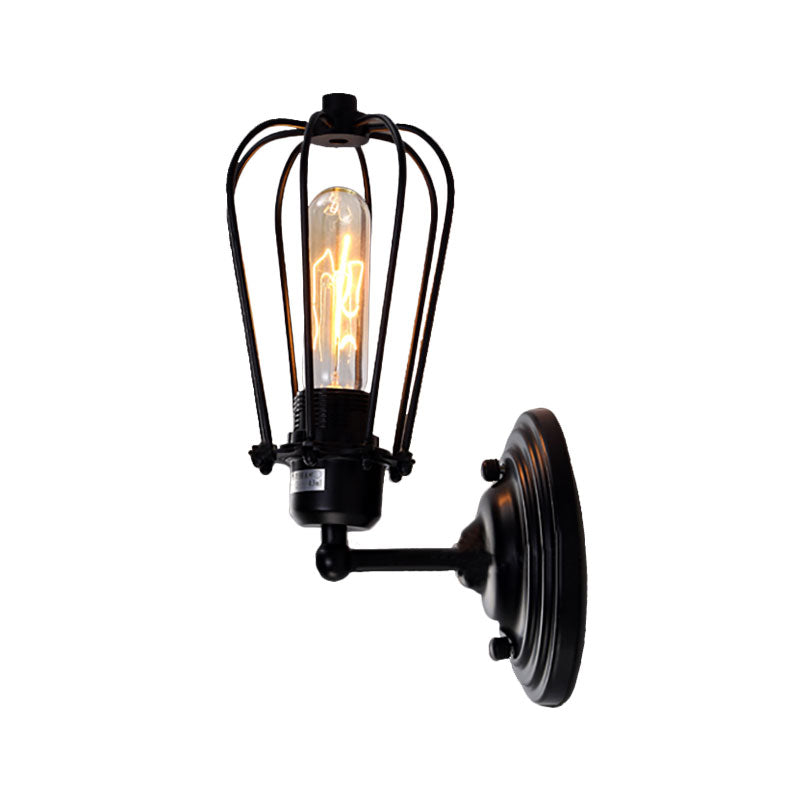 BowLift | 1 Light Mini Wall Lamp Wall Bracket with Wire Frame Industrial Black Iron Wall Mount Lamp for Hallway