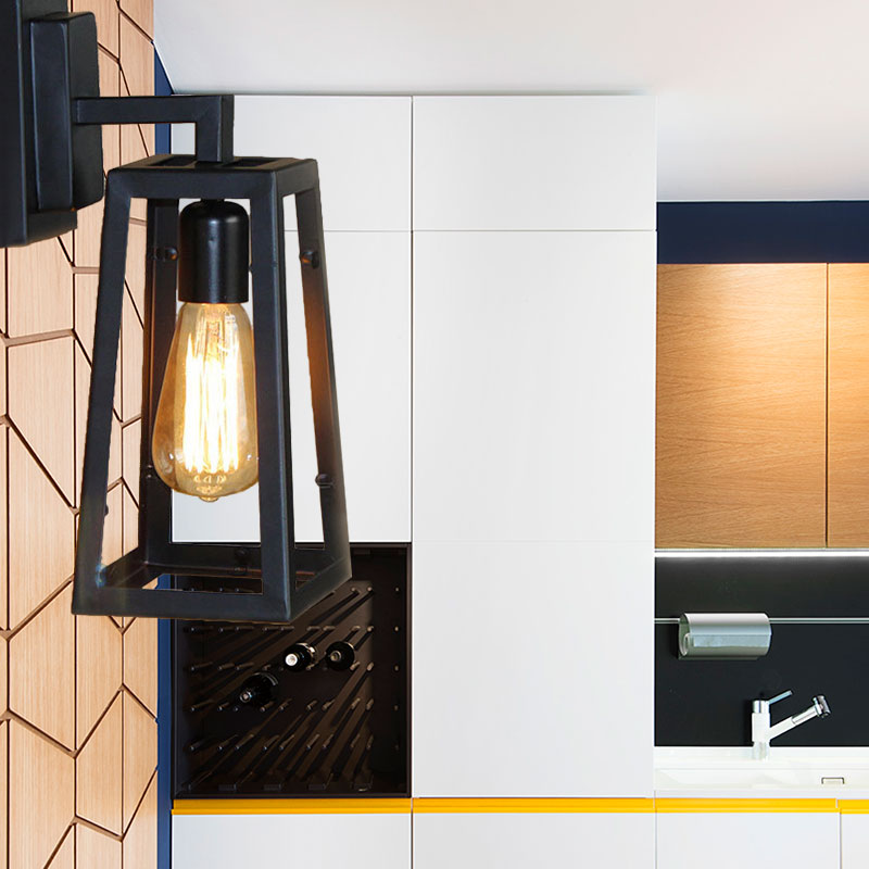 BowLift | 1 Bulb Trapezoidal Cage Wall Lamp Industrial Stylish Matt Black Metal Wall Mount Light for Living Room