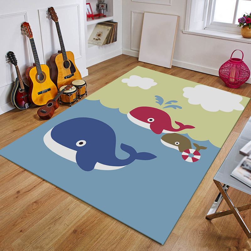 BowLift | Blue and Black Children's Carpet Fairy Tale Whale Ocean Pencil Pattern Carpet Polyester Washable Carpet