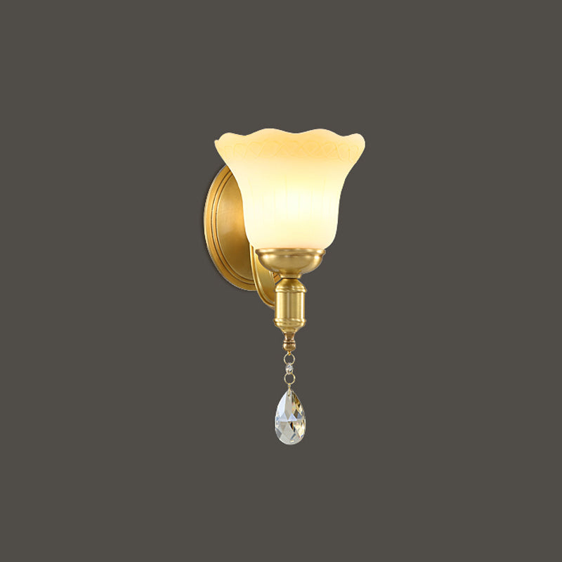 BowLift | Blossom Opaque Glass Wall Lamp Retro Style 1/2-Cup Gold Wall Lighting Ideas with Crystal Drop