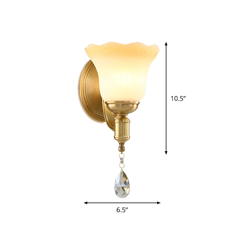 BowLift | Blossom Opaque Glass Wall Lamp Retro Style 1/2-Cup Gold Wall Lighting Ideas with Crystal Drop
