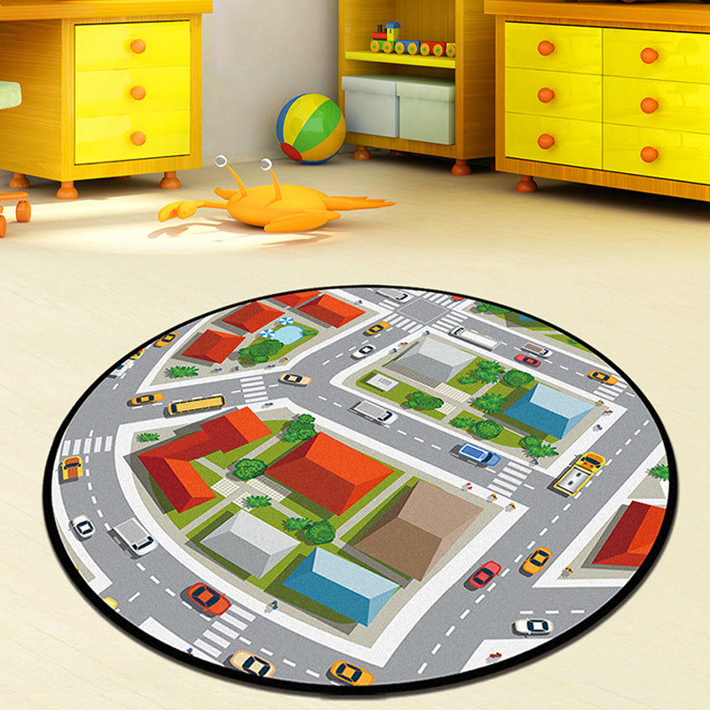 BowLift | Gray and Green Kids Rug Polyester Road Pattern Rug Pet Friendly Washable Non-Slip Backing Carpet for Decoration