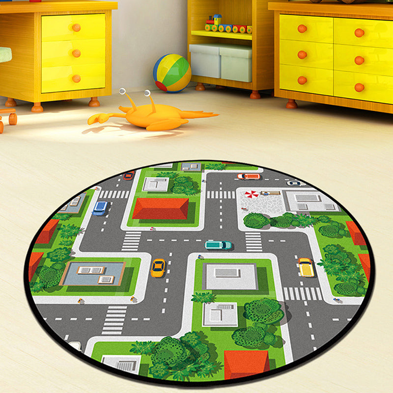 BowLift | Gray and Green Kids Rug Polyester Road Pattern Rug Pet Friendly Washable Non-Slip Backing Carpet for Decoration