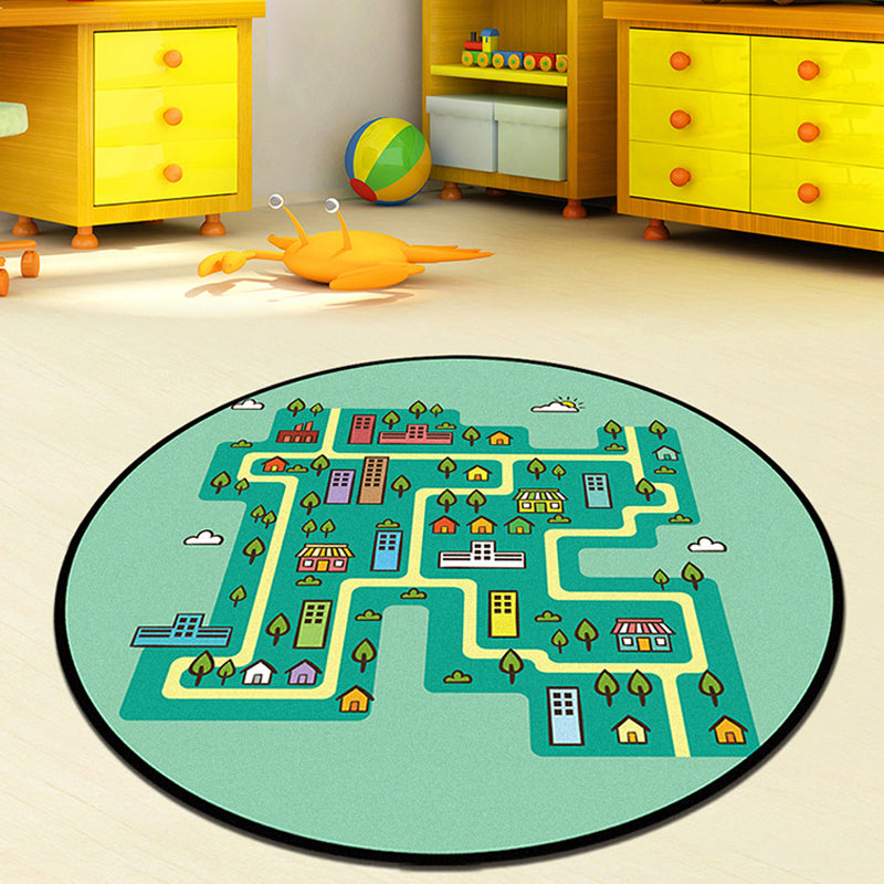 BowLift | Gray and Green Kids Rug Polyester Road Pattern Rug Pet Friendly Washable Non-Slip Backing Carpet for Decoration