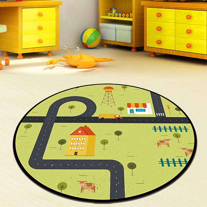 BowLift | Gray and Green Kids Rug Polyester Road Pattern Rug Pet Friendly Washable Non-Slip Backing Carpet for Decoration