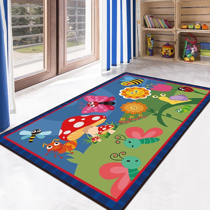 BowLift | Green and Blue Children's Carpet Polyester Animal and Insect Pattern Carpet Pet-Friendly Washable Non-Slip Background Rug for Decoration