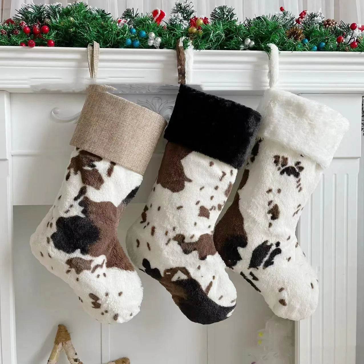 BowLift | 20-inch Plush Christmas Stockings Cows Pattern Gift Bag