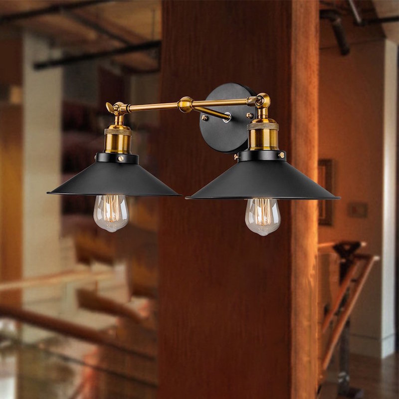 BowLift | 2 heads wall light industrial stylish tapered shade metal wall sconces lighting in black/white for living room