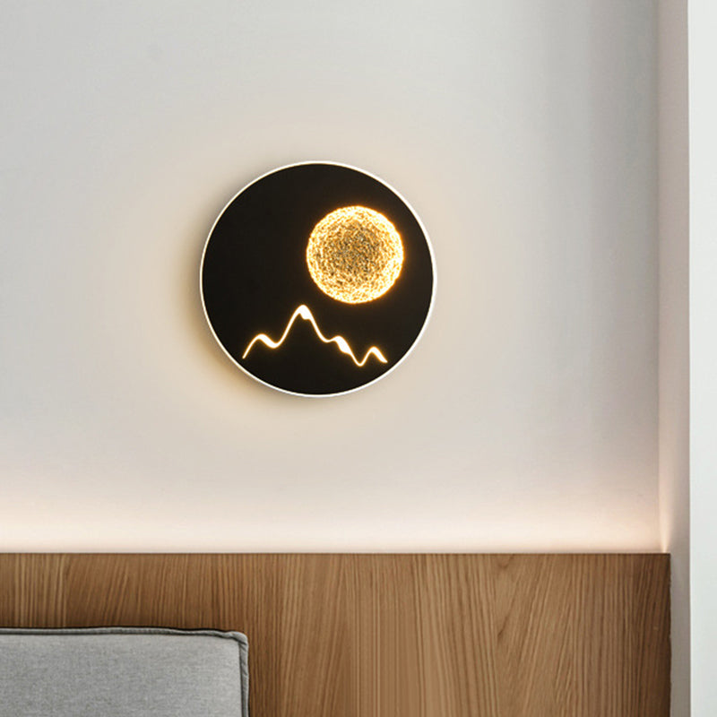 BowLift | Mini Round/Rectangle Slim LED Ceiling Light Nordic Metal Bedroom Wall Lamp Sconces in Black/White/Grey with Full Moon Mountain Pattern