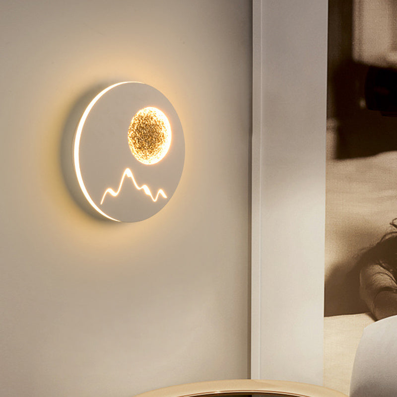 BowLift | Mini Round/Rectangle Slim LED Ceiling Light Nordic Metal Bedroom Wall Lamp Sconces in Black/White/Grey with Full Moon Mountain Pattern