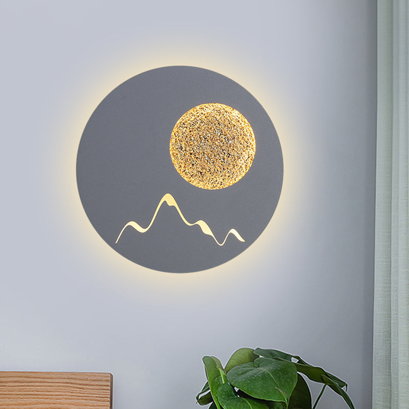BowLift | Mini Round/Rectangle Slim LED Ceiling Light Nordic Metal Bedroom Wall Lamp Sconces in Black/White/Grey with Full Moon Mountain Pattern