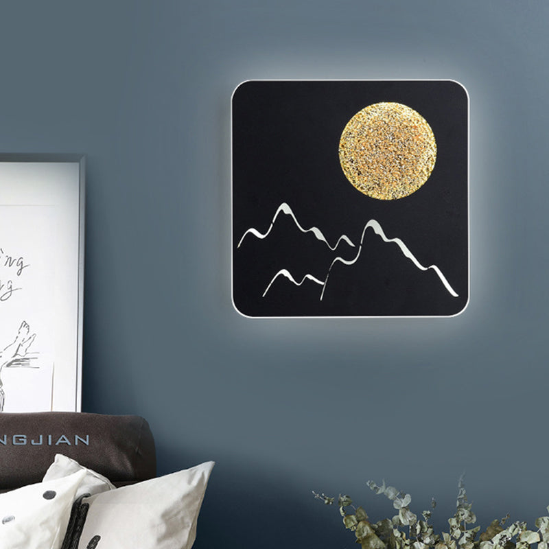 BowLift | Mini Round/Rectangle Slim LED Ceiling Light Nordic Metal Bedroom Wall Lamp Sconces in Black/White/Grey with Full Moon Mountain Pattern