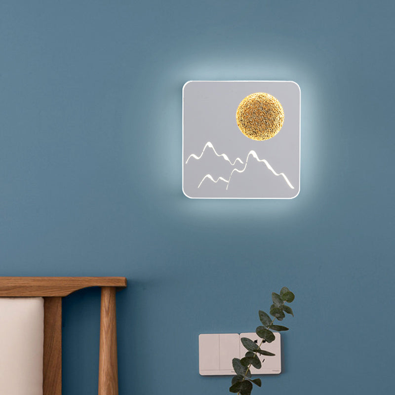 BowLift | Mini Round/Rectangle Slim LED Ceiling Light Nordic Metal Bedroom Wall Lamp Sconces in Black/White/Grey with Full Moon Mountain Pattern
