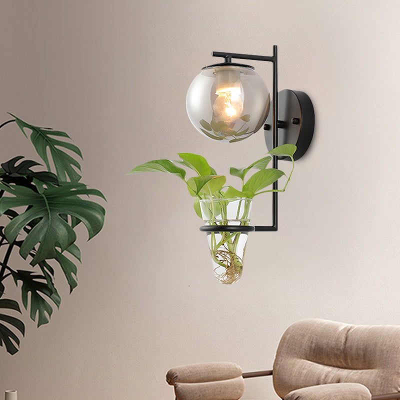 BowLift | Gold/Black Globe Wall Light Antique Cream/Smoke Grey Glass 1-Head Bedroom Wall Lamp with Clear Glass Plant Cup