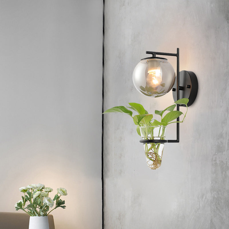 BowLift | Gold/Black Globe Wall Light Antique Cream/Smoke Grey Glass 1-Head Bedroom Wall Lamp with Clear Glass Plant Cup