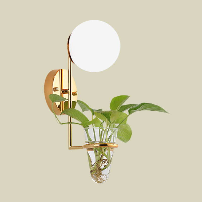 BowLift | 1 Bulb Wall Lamp Industrial Global Cream/Smoke Grey Glass Wall Light in Black/Gold with Clear Glass Plant Cup