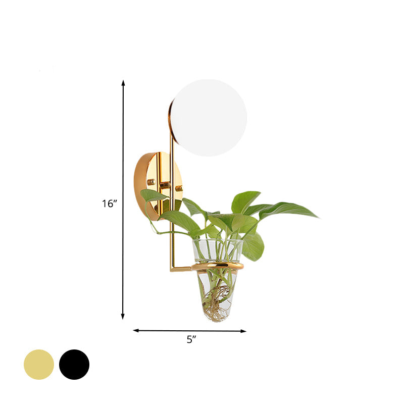 BowLift | 1 Bulb Wall Lamp Industrial Global Cream/Smoke Grey Glass Wall Light in Black/Gold with Clear Glass Plant Cup