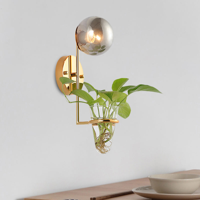 BowLift | 1 Bulb Wall Lamp Industrial Global Cream/Smoke Grey Glass Wall Light in Black/Gold with Clear Glass Plant Cup