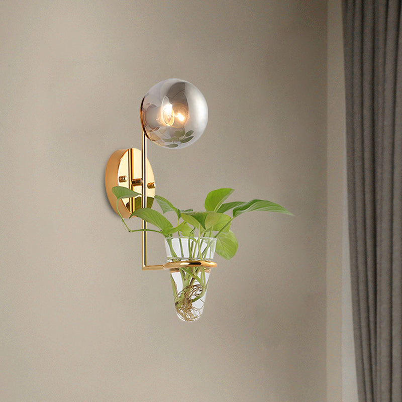 BowLift | 1 Bulb Wall Lamp Industrial Global Cream/Smoke Grey Glass Wall Light in Black/Gold with Clear Glass Plant Cup