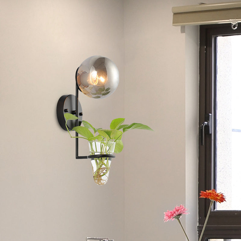 BowLift | 1 Bulb Wall Lamp Industrial Global Cream/Smoke Grey Glass Wall Light in Black/Gold with Clear Glass Plant Cup