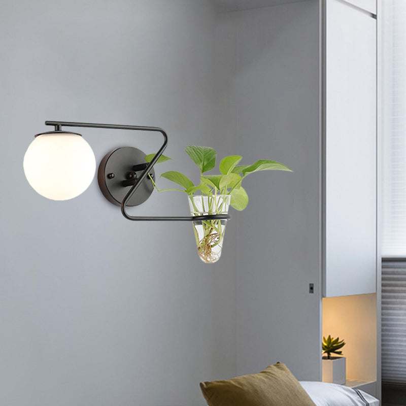 BowLift | Global Bedroom Wall Light Industrial Cream/Smoke Grey Glass 1 Head Black/Gold Wall Lamp with Clear Glass Plant Holder