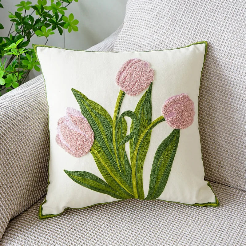 BowLift | Floral Embroidered Tulip & Orchid Cushion Cover