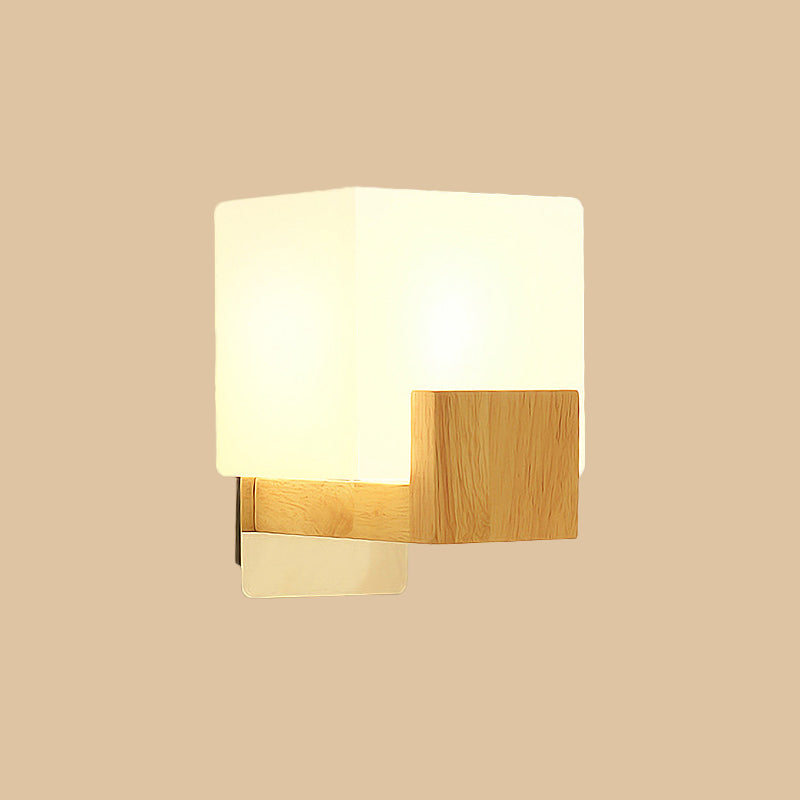 BowLift | Cube Wall Mount Light Fixture Minimalism Opal Glass 1 Main Color Beige Surface Wall Lamp with Wooden Detail