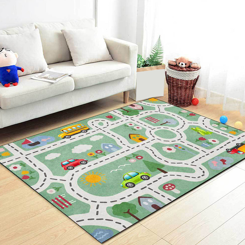 BowLift | Kids Street Pattern Rug with Car Green Polyester Rug Non-Slip Pet Friendly Washable Rug for the Children's Room