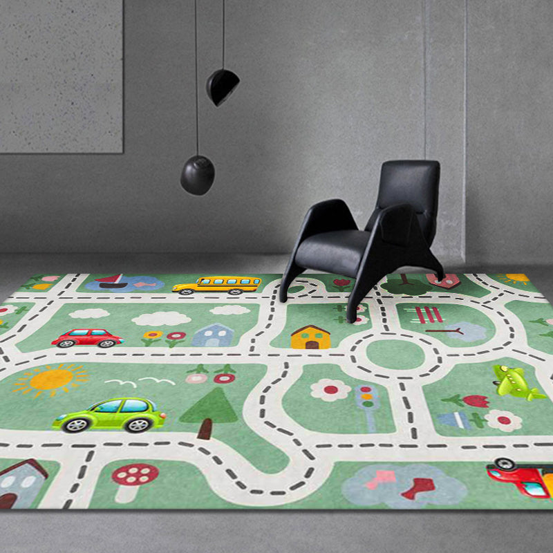 BowLift | Kids Street Pattern Rug with Car Green Polyester Rug Non-Slip Pet Friendly Washable Rug for the Children's Room