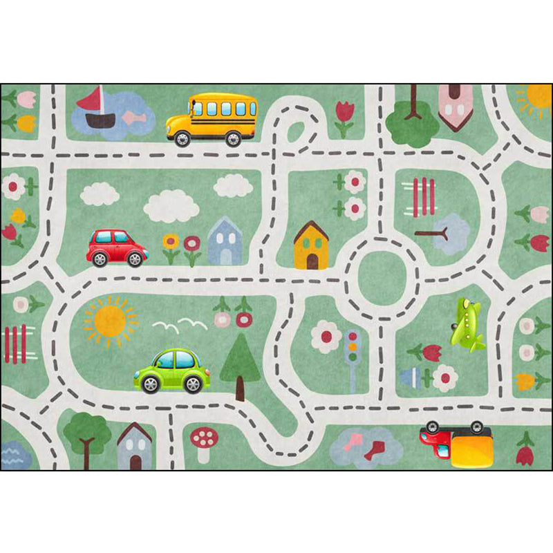 BowLift | Kids Street Pattern Rug with Car Green Polyester Rug Non-Slip Pet Friendly Washable Rug for the Children's Room