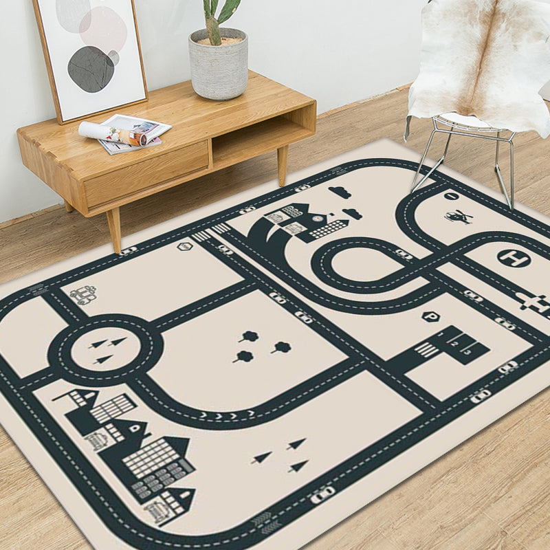 BowLift | Stylish street pattern carpet with building Beige children's carpet Polyester pet-friendly washable non-slip carpet for decoration