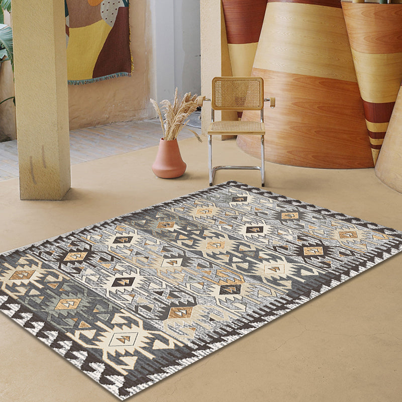BowLift | Gray Tribal-Diamond Pattern Rug Polypropylene Bohemian Rug Washable Non-Slip Back Rug for Living Room