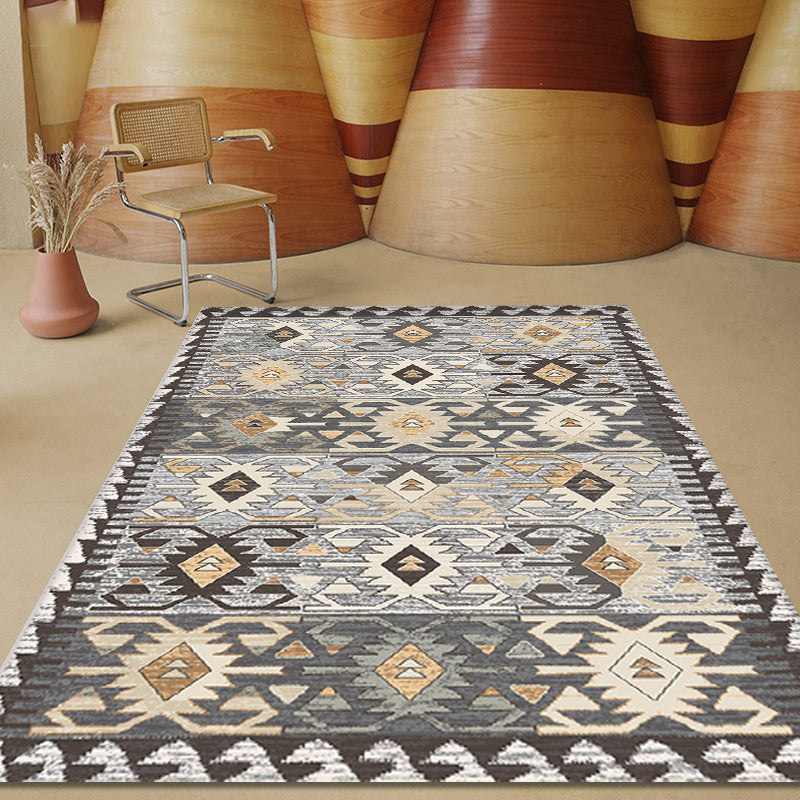 BowLift | Gray Tribal-Diamond Pattern Rug Polypropylene Bohemian Rug Washable Non-Slip Back Rug for Living Room