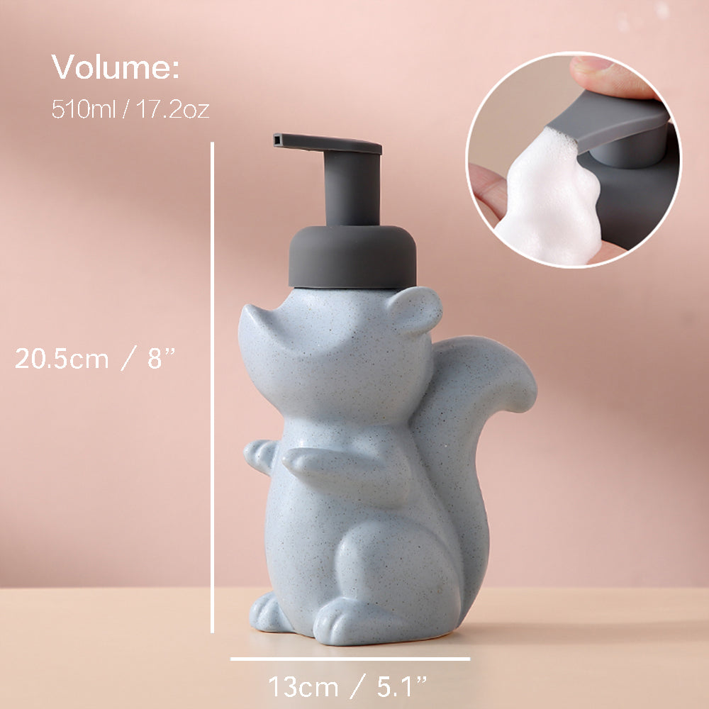 BowLift | Ceramic Soap Dispenser, Squirrel Foam Pump Bathroom Bottle, Animal Design, Refillable Reusable Lotion Pump for Bathroom Kitchen, 510ml/17.2oz