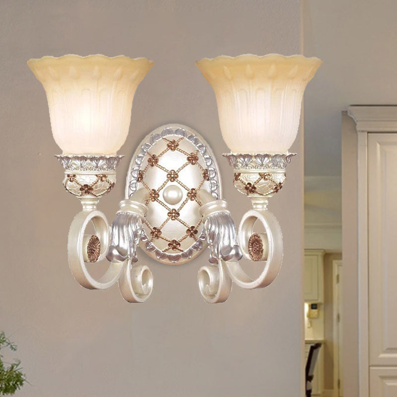 BowLift | French Country Blossom Wall Lamp 1/2-Light Opal Glass Wall Lighting Idea with Curved Arm in Gold