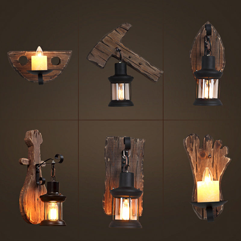 BowLift | 1-Light Lantern Wall Light Kit Landscape Brown Clear Glass Wall Pendant Lamp with Rectangular/Semi-Circular Wood Backplate